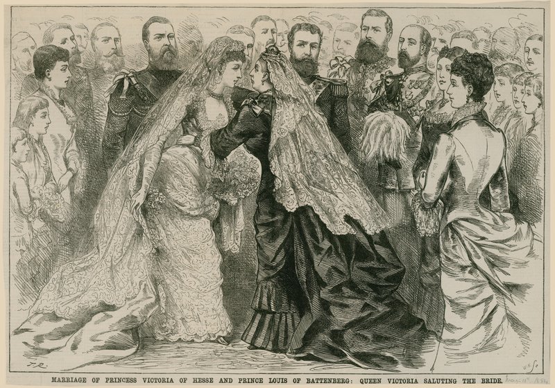 Hessenin prinsessa Victorian ja Battenbergin prinssi Louisin avioliitto, kuningatar Victoria tervehti morsiameta, 16. toukokuuta 1884 tekijältä English School
