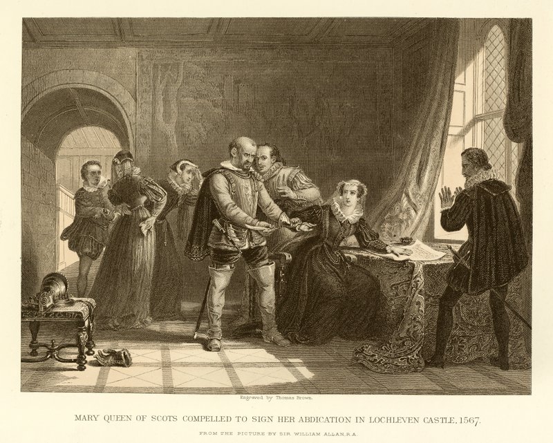 Mary Queen of Scots pakotettiin allekirjoittamaan kruununsa Lochlevenin linnassa tekijältä English School