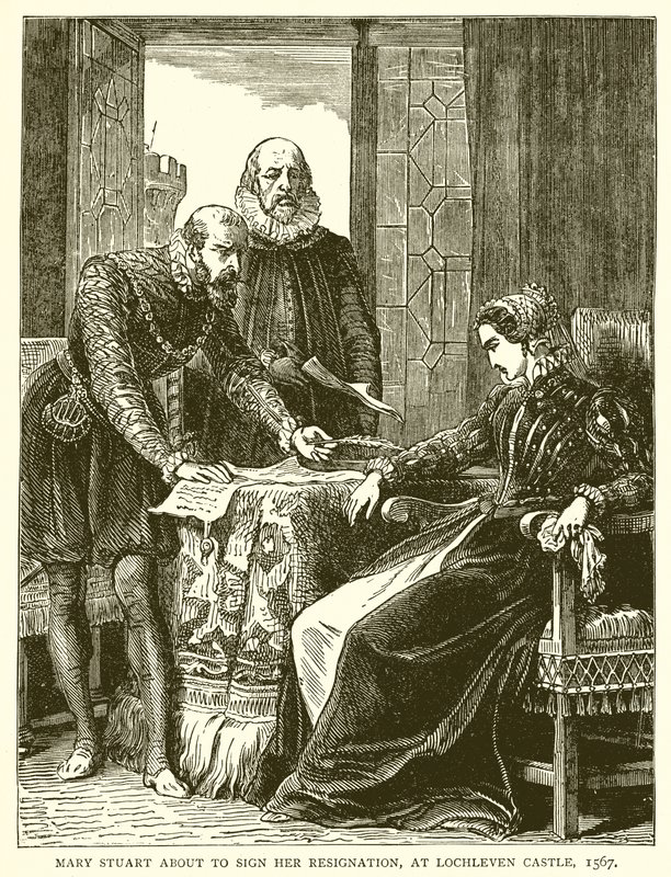 Mary Stuart allekirjoittaa eronsa Lochlevenin linnassa, 1567 tekijältä English School