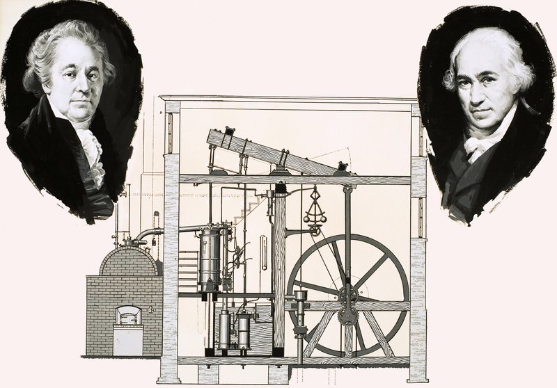 Matthew Boulton ja James Watt yhdellä patentoiduista höyrykoneista tekijältä English School
