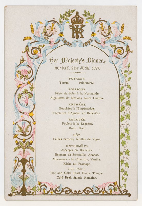 Menu Queen Victorias -illalliselle maanantaina 21. kesäkuuta 1897, päivää ennen hänen timanttijuhlapäivää tekijältä English School