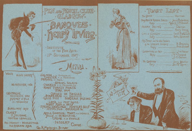 Menu juhlaan Henry Irvingin kunniaksi, Pen and Pencil Club, Glasgow, 15. syyskuuta 1887 tekijältä English School