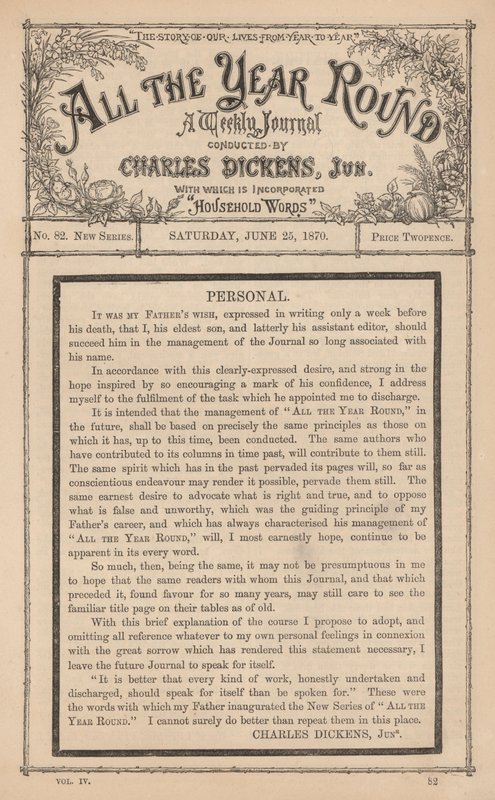 Charles Dickens Juniorin viesti viikkolehdessä All The Year Round isänsä kuoleman jälkeen. tekijältä English School