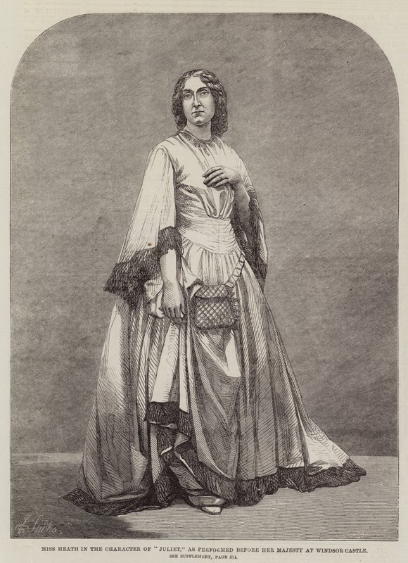 Miss Heath näyttelee "Julieta" hänen majesteettinsa edessä Windsorin linnassa (kaiverrus) tekijältä English School