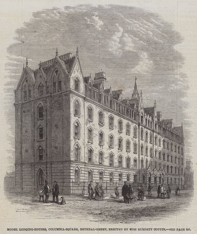 Malli Lodging-Houses, Columbia-Square, Bethnal-Green, pystyttänyt neiti Burdett Coutts (kaiverrus) tekijältä English School