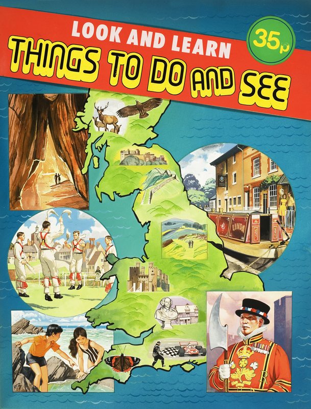 Montaasi kuvista Ison-Britannian kartan ympärille tekijältä English School
