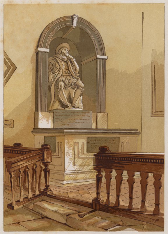 Lord Baconin muistomerkki Pyhän Mikaelin kirkossa; lähellä St Albansia (väri litho) tekijältä English School