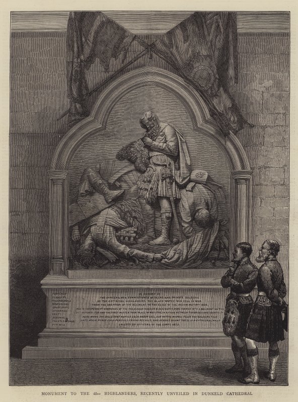 Monumentti 42. Highlandersille, paljastettiin hiljattain Dunkeldin katedraalissa (kaiverrus) tekijältä English School