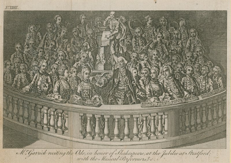 herra David Garrick lausumassa Oodia William Shakespearen kunniaksi Stratfordin juhlavuoden kunniaksi tekijältä English School