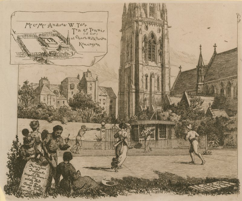 Herra ja rouva Andrew W Tuer Teetä ja tennistä Church Walk Gardenissa tekijältä English School