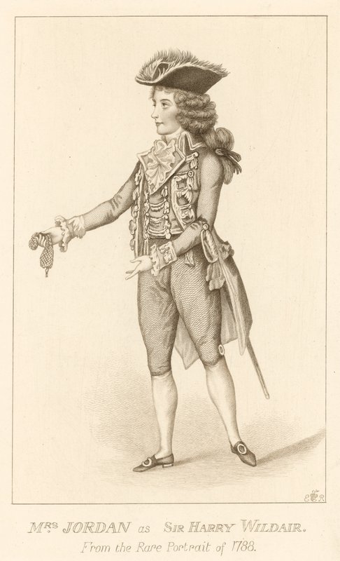 Rouva Jordan Sir Harry Wildairin roolissa harvinaisesta muotokuvasta vuodelta 1788 tekijältä English School