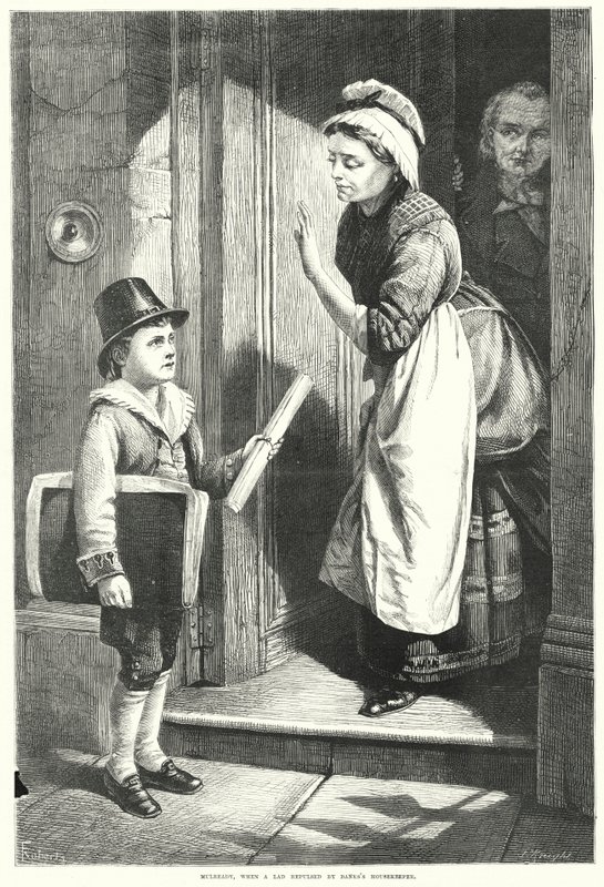 Mulready, Kun pankin taloudenhoitaja torjui pojan (kaiverrus). tekijältä English School