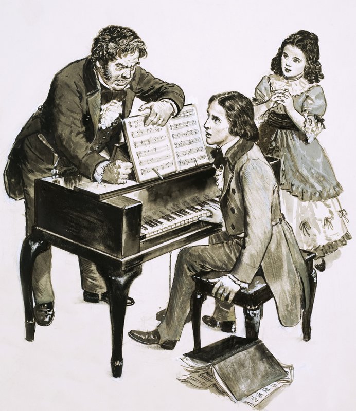 Musiikkiopettaja Friedrich Wieck huutaa Robert Schumannille, kun hänen tyttärensä Clara Wieck katsoo tekijältä English School