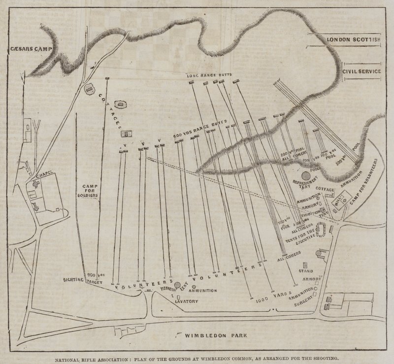 National Rifle Association, Plan of the Grounds at Wimbledon Common, ampumista varten järjestettynä (kaiverrus) tekijältä English School