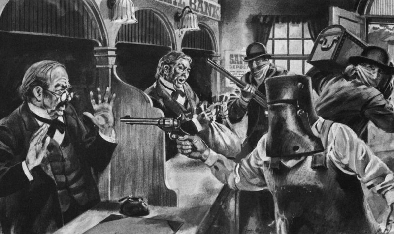 Ned Kelly hyökkäämässä pankkiin (litho) tekijältä English School
