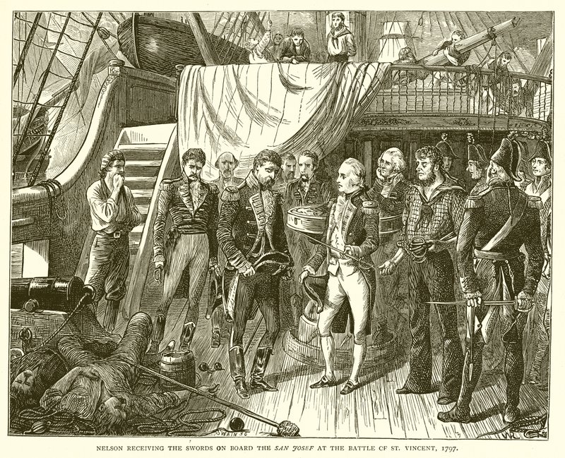 Nelson vastaanotti miekat San Josefin aluksella St. Vincentin taistelussa 1797 tekijältä English School