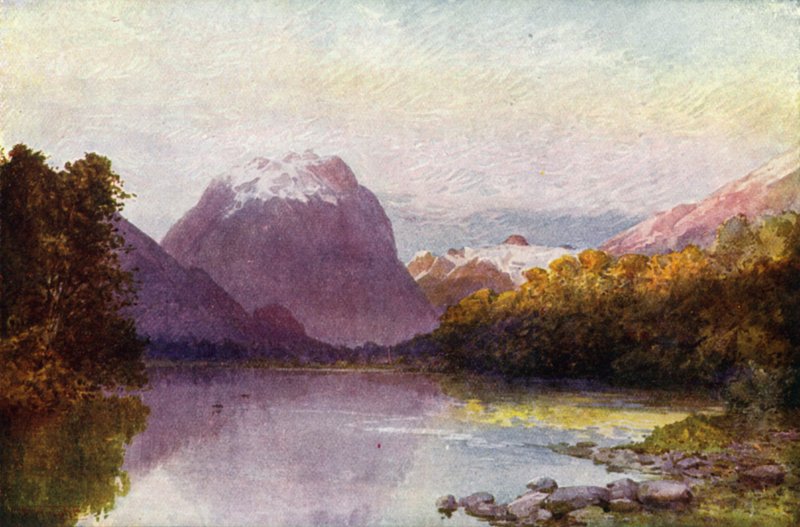 Uusi-Seelanti: Te Anau -järven päässä (värilitografia). tekijältä English School
