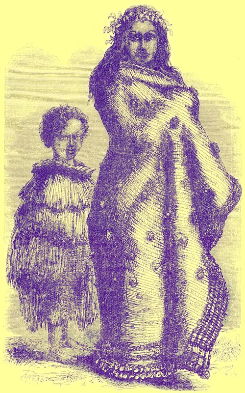 New Zealand Woman and Boy, kuvitus William Kingstonin kirjasta Notable Voyagers, julkaistu 1885 (digitaalisesti paranneltu kuva) tekijältä English School
