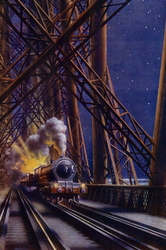 Yöjuna ylittää Forth Bridgen, Skotlanti (väri litho) tekijältä English School
