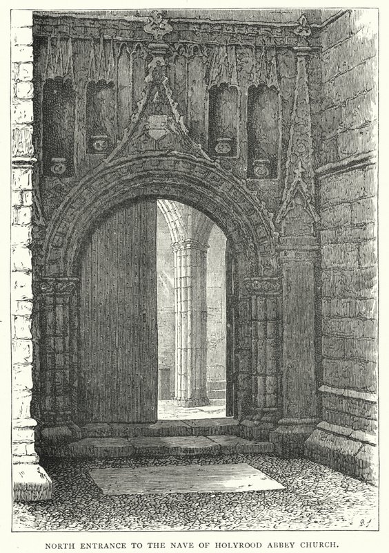 Holyrood Abbey Churchin laivan pohjoinen sisäänkäynti (kaiverrus) tekijältä English School