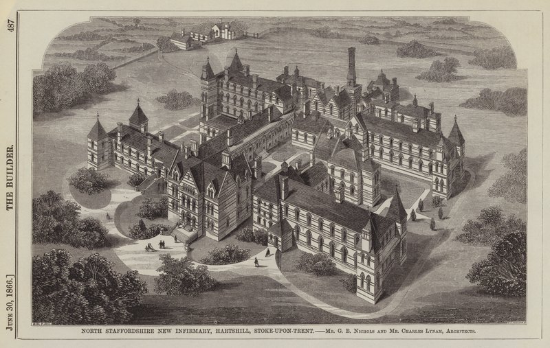 North Staffordshire New Infirmary, Hartshill, Stoke-upon-Trent, Mr G B Nichols ja herra Charles Lynam, arkkitehdit (kaiverrus) tekijältä English School