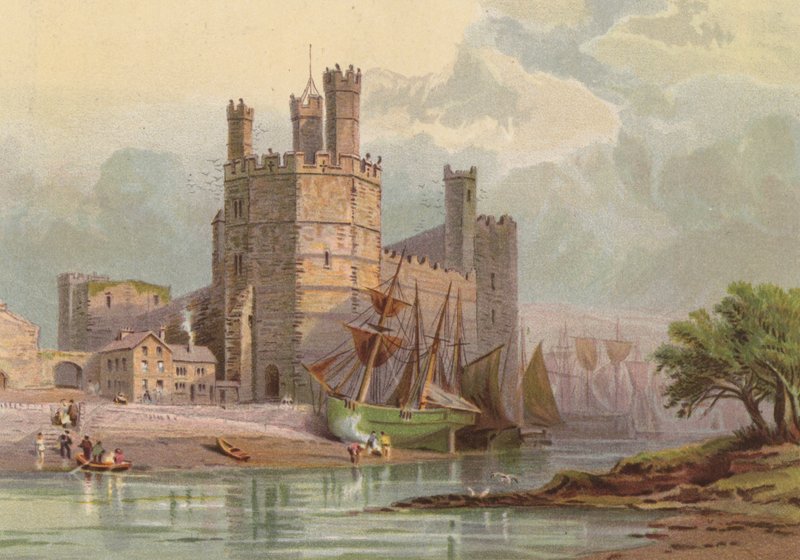Walesin pohjoispuolella, Carnarvonin linna (väri litho) tekijältä English School