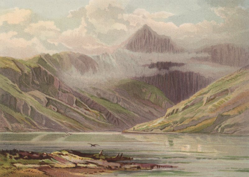Walesin pohjoispuolella, Snowdon Llyn Llydawsta (väri litho) tekijältä English School