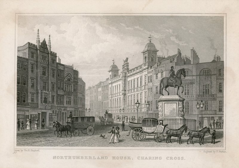 Northumberland House, Charing Cross. Bishs Lottery Office, No 9 Charing Cross, on Golden Cross -hotellin vieressä tekijältä English School