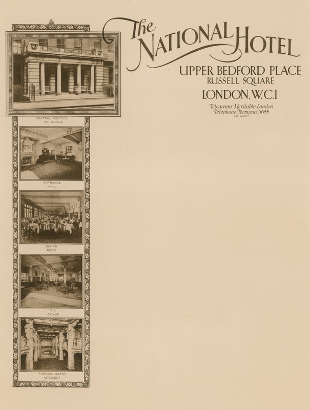 Muistipaperi National Hotelista, Upper Bedford Place, Russell Square tekijältä English School