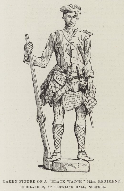 "Musta kello" (42. rykmentti) Highlanderin tammihahmo, Blickling Hallissa, Norfolkissa (kaiverrus) tekijältä English School