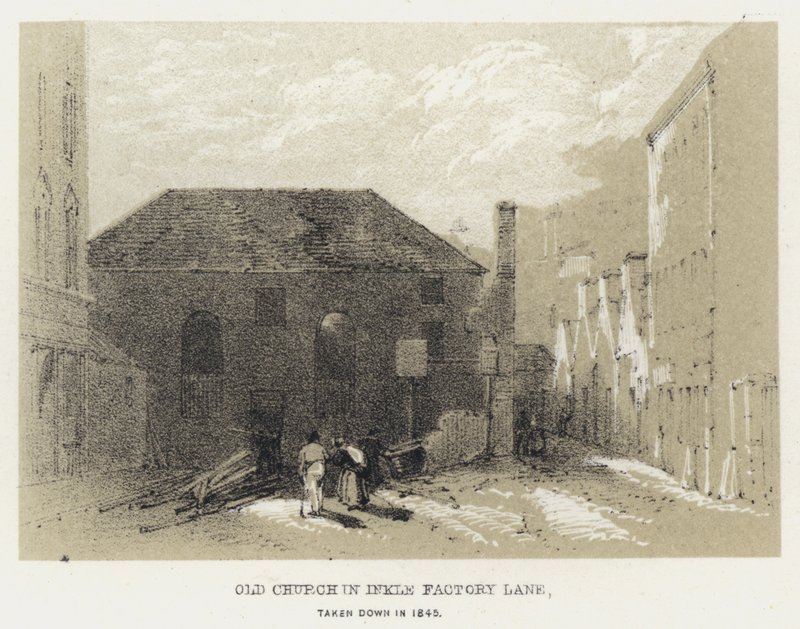 Vanha kirkko Inkle Factory Lane -kadulla, purettu vuonna 1845 (kaiverrus) tekijältä English School