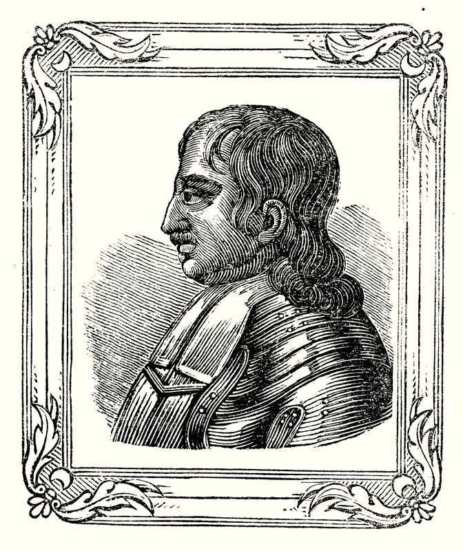 Oliver Cromwell syntyi vuonna 1599, tehtiin Protectoriksi vuonna 1653 ja kuoli vuonna 1658 (kaiverrus) tekijältä English School