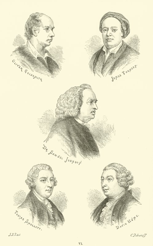 Oliver Goldsmith, James Thomson, tohtori Samuel Johnson, Tobias Smollett, David Hume tekijältä English School