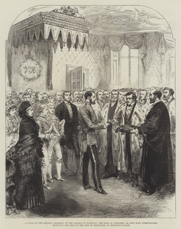 Skotlannin kirkon yleiskokouksen avaus, Earl of Aberdeen, Lord High Commissioner, vastaanottamassa Edinburghin kaupungin avaimet Holyrood Palacessa (kaiverrus) tekijältä English School