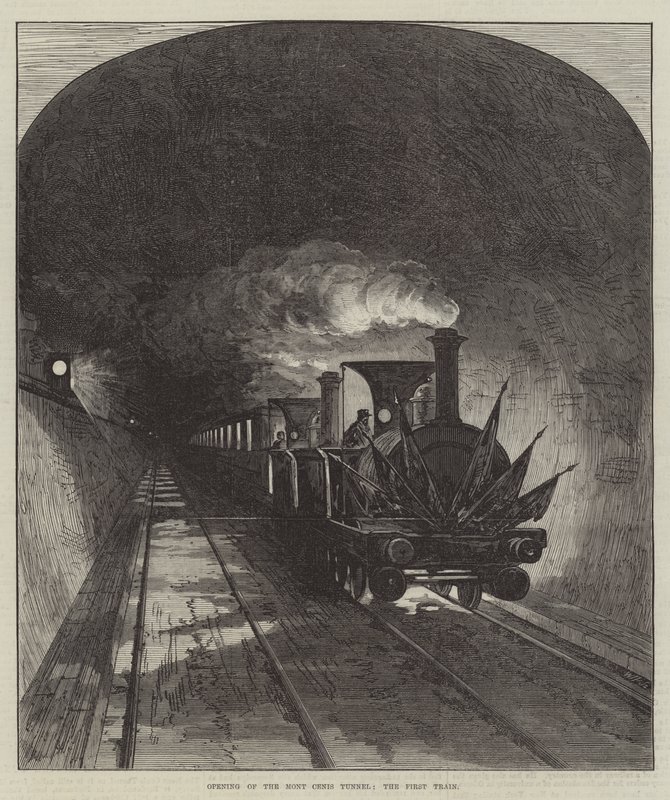 Mont Cenis -tunnelin avaaminen, ensimmäinen juna (kaiverrus) tekijältä English School