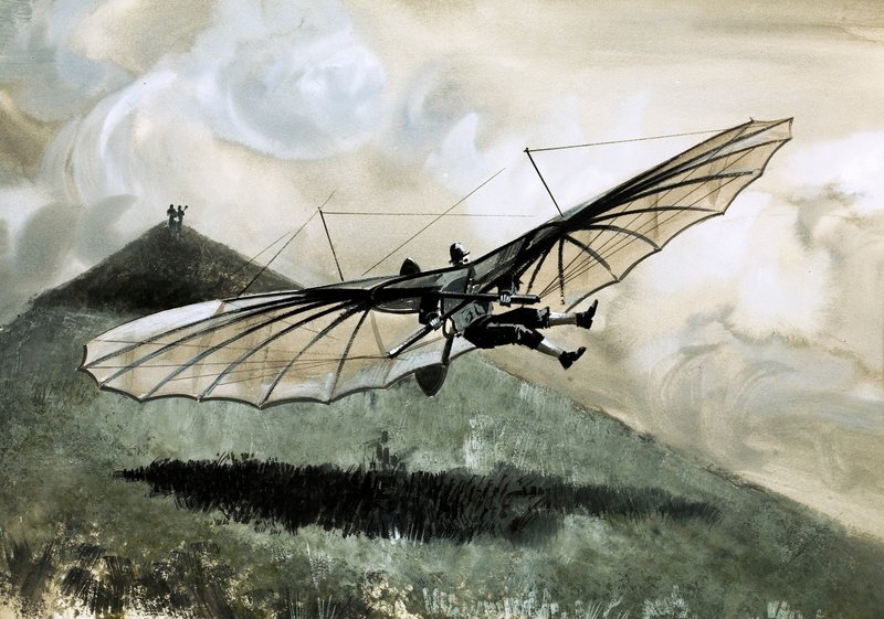 Otto Lilienthal teki yli 1000 lentoa primitiivisellä purjelentokonellaan (gouassi paperilla) tekijältä English School