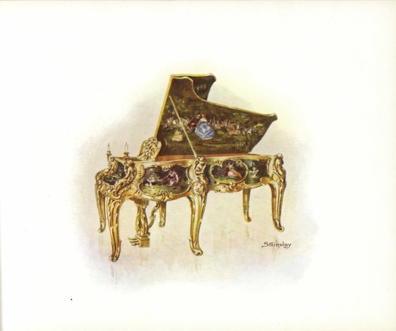 Sivu Steinway & Sons Art Catalogista (väri litho) tekijältä English School