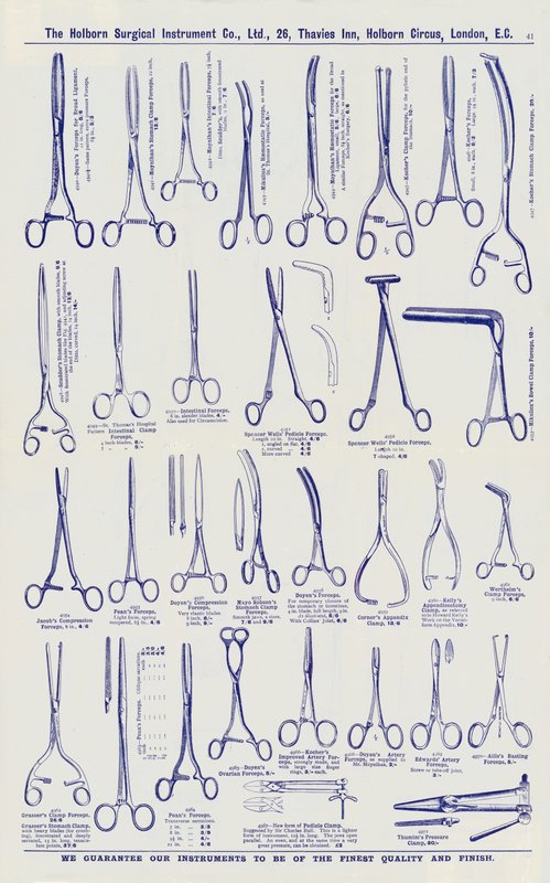 Sivu kirurgisten instrumenttien luettelosta, n. 1900 (litho) tekijältä English School