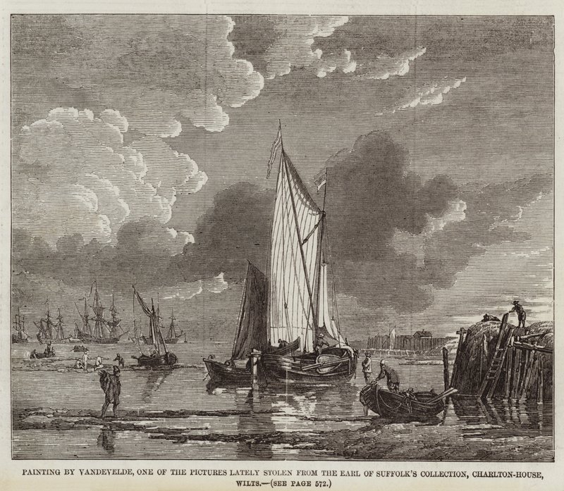 Vandevelden maalaus, yksi Earl of Suffolkin kokoelmasta hiljattain varastetuista kuvista, Charlton-House, Wilts (kaiverrus) tekijältä English School