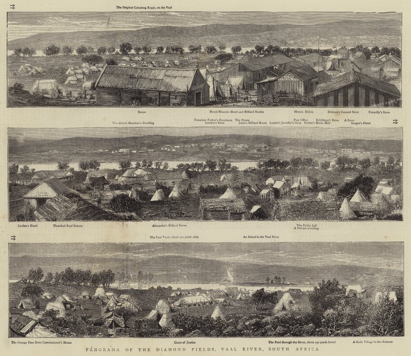 Panorama of the Diamond Fields, Vaal River, Etelä-Afrikka (kaiverrus) tekijältä English School