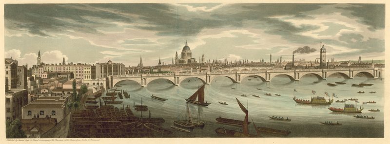 Panoraamanäkymä Lontooseen, mukaan lukien London Bridge ja St Paulin katedraali tekijältä English School