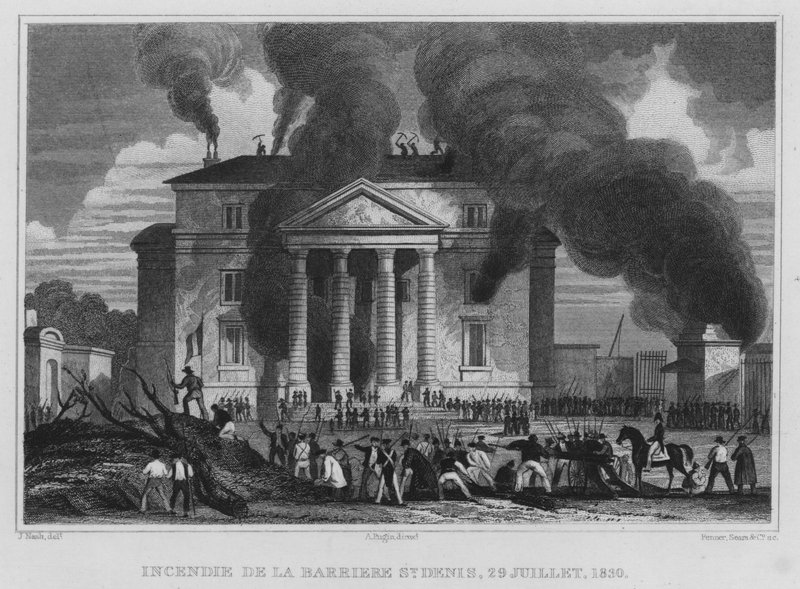 Paris, Fire Of The Barriere St Denis, 29. heinäkuuta 1830 (kaiverrus) tekijältä English School