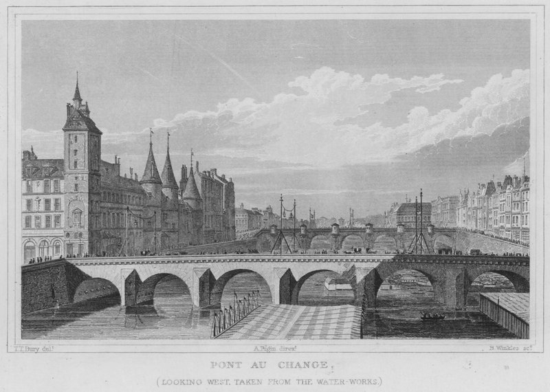 Paris, Pont Au Change, katsot länteen, otettu vesilaitokselta (kaiverrus) tekijältä English School