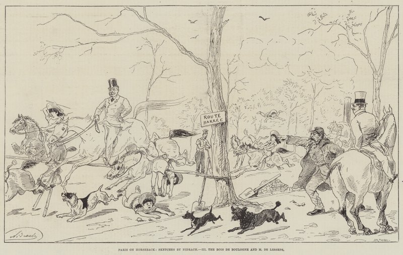 Pariisi hevosen selässä, Bois de Boulogne ja Madame de Lesseps (kaiverrus) tekijältä English School