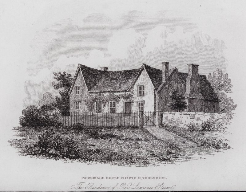 Pappilan talo, Coxwold, Yorkshire, pastori Laurence Sternen asuinpaikka (kaiverrus) tekijältä English School