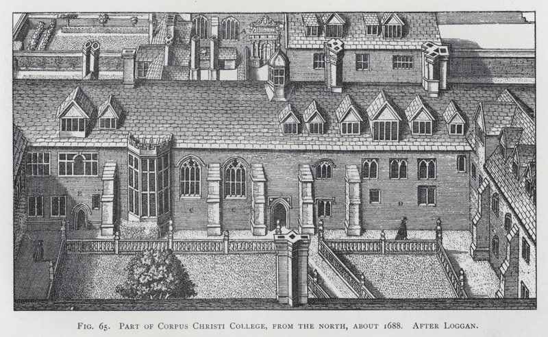 Osa Corpus Christi Collegea, pohjoisesta, noin 1688, Logganin jälkeen (kaiverrus) tekijältä English School