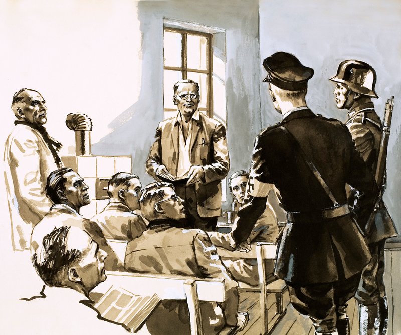 Pastori Dietrich Bonhoeffer puhuu Hitlerin natsipuoluetta vastaan (guassi paperille). tekijältä English School