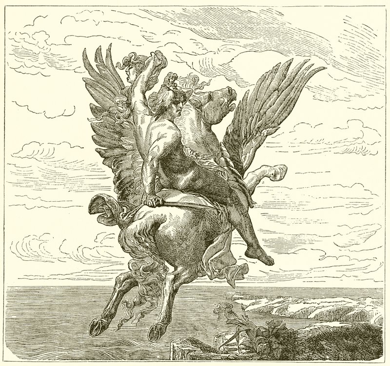 Perseus siivekkäällä hevosella Pegasus Medusan pään kanssa tekijältä English School