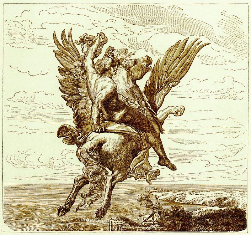 Perseus siivekkäällä hevosella Pegasus, Medusas-pää, kuvitus teoksesta The Illustrated History of the World, julkaistu n. 1880 (digitaalisesti paranneltu kuva) tekijältä English School