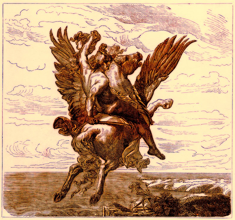 Perseus siivekkäällä hevosella Pegasus, Medusas-pää, kuvitus teoksesta The Illustrated History of the World, julkaistu n. 1880 (digitaalisesti paranneltu kuva) tekijältä English School